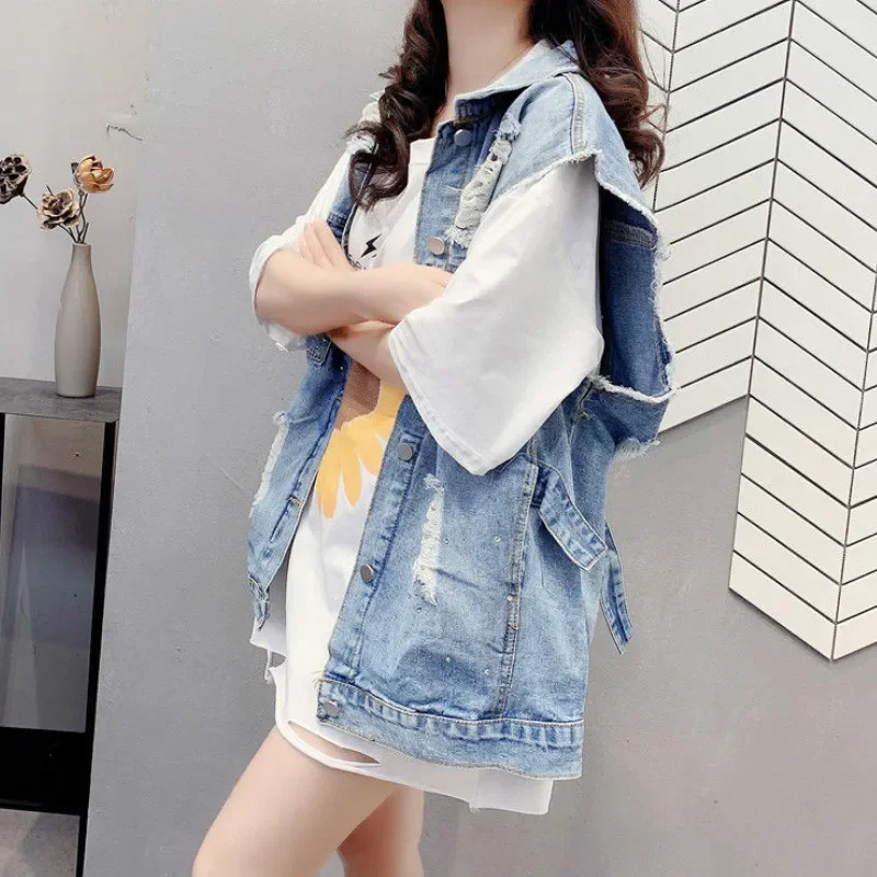 

Vests Waistcoats Women Denim Hole Vintage Frayed Solid Womens Chic Hip Hop Streetwear Outwear Trendy Ulzzang Retro Korean Style