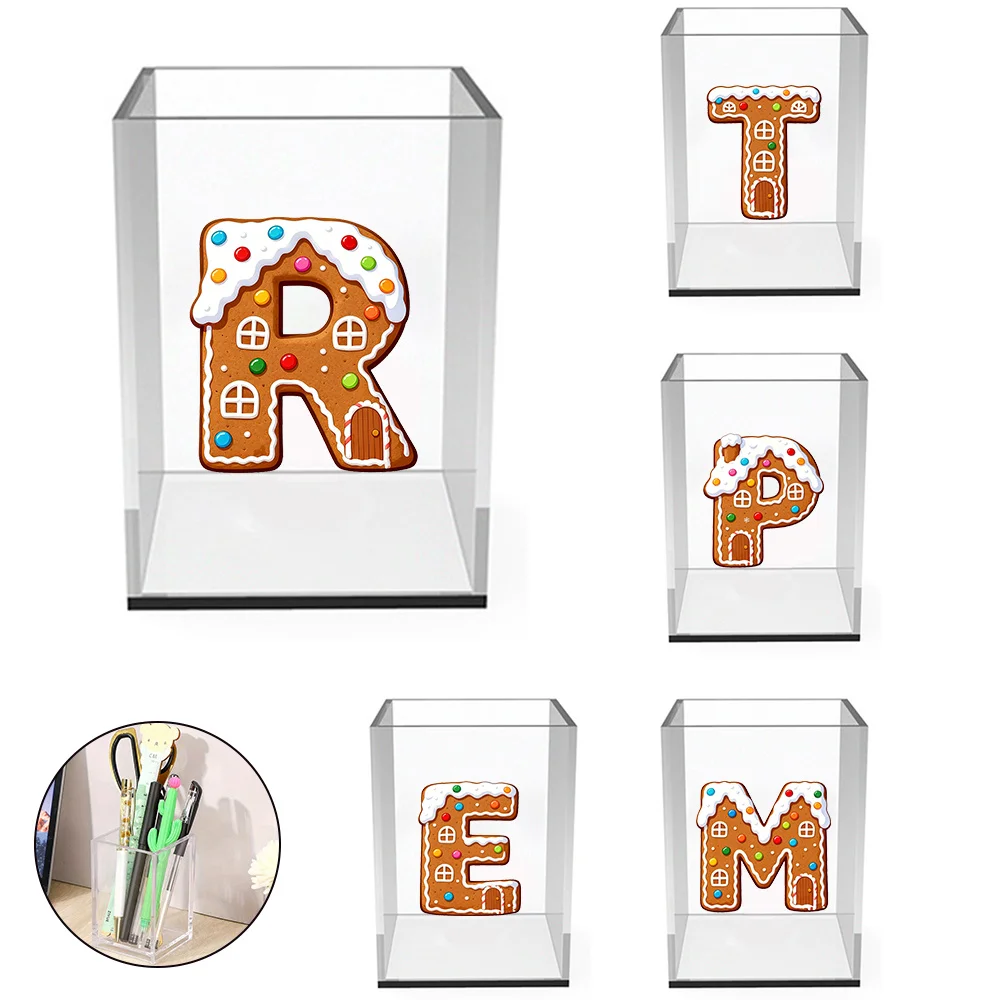 

Transparent Tationery Holder Desk Makeup Brush Storage Rack Acrylic Durable Pen Case Gingerbread Letter Pattern Christmas Gifts