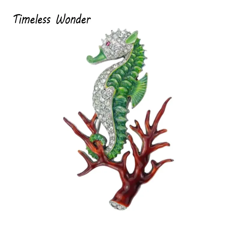 Timeless Wonder Fancy Enamel Zirconia Sea Horse Brooch Pins for Women Designer Jewelry Bride Gown Runway Luxury Brand Gift 5388