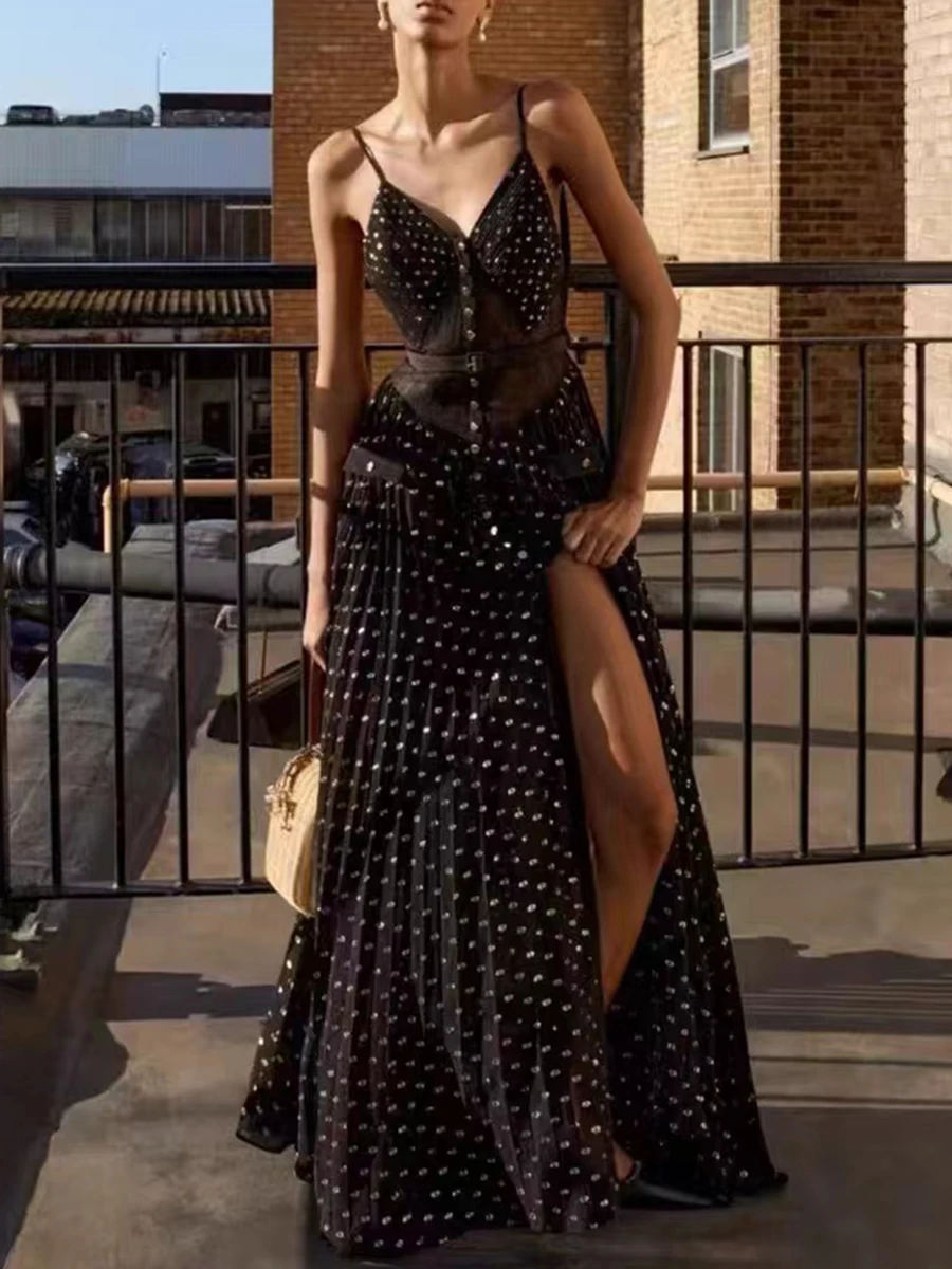 TWOTWINSTYLE Nero Impiombato Dot Dress Femminile Scollo A V Senza Maniche Sexy Dimagrante Abiti da Donna Moda Estate Stile Nuovo