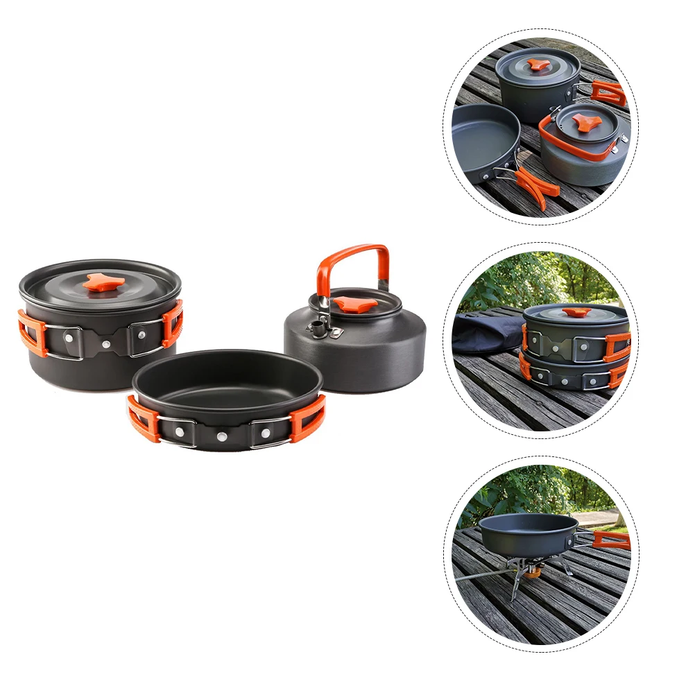 

3pcs 1 Set Outdoor Cookware Set Camping Cooking Pot Aluminum Alloy Lightweight Durable Safe For Backpacking 2-3 People