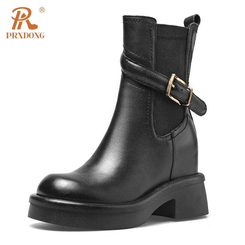 

PRXDONG Genuine Leather Shoes Woman ANkle Boots Autumn WInter Warm High heels Platform Black Dress Casual Female Chelsea Boots