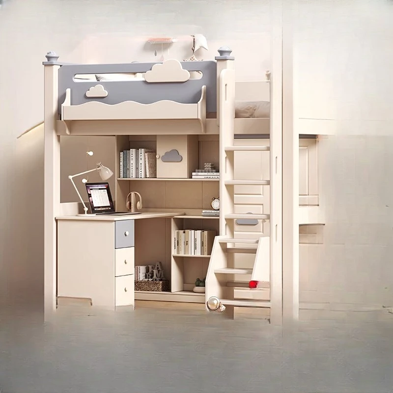 

Cherry wood elevated bed sheet upper and lower empty with desk wardrobe children's upper and lower beds all solid wood high and