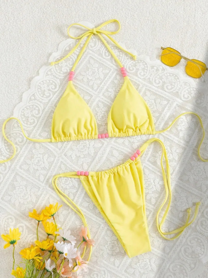 

Сексуальные белые и розовые бикини с бусинами, комплекты из двух частей, купальники с завязками на шее и стрингами, пляжная одежда, купальники, бикини, танкини