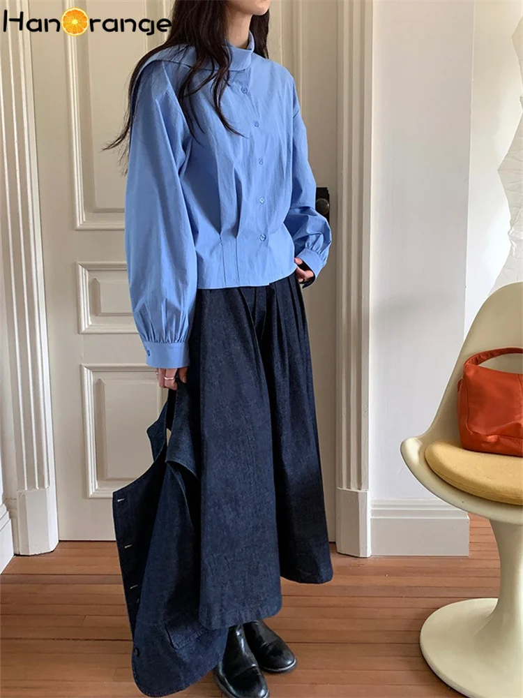 HanOrange 2025 Unique Scarf Collar Irregular Shirt Women Long Sleeve Spring Summer Temperament Top White/Blue/Black