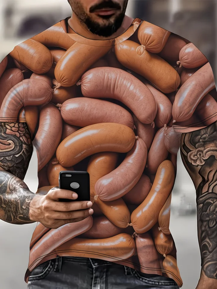 Camiseta divertida de salchicha comida estampado 3D streetwear hombre moda casual talla grande cuello redondo manga corta 2