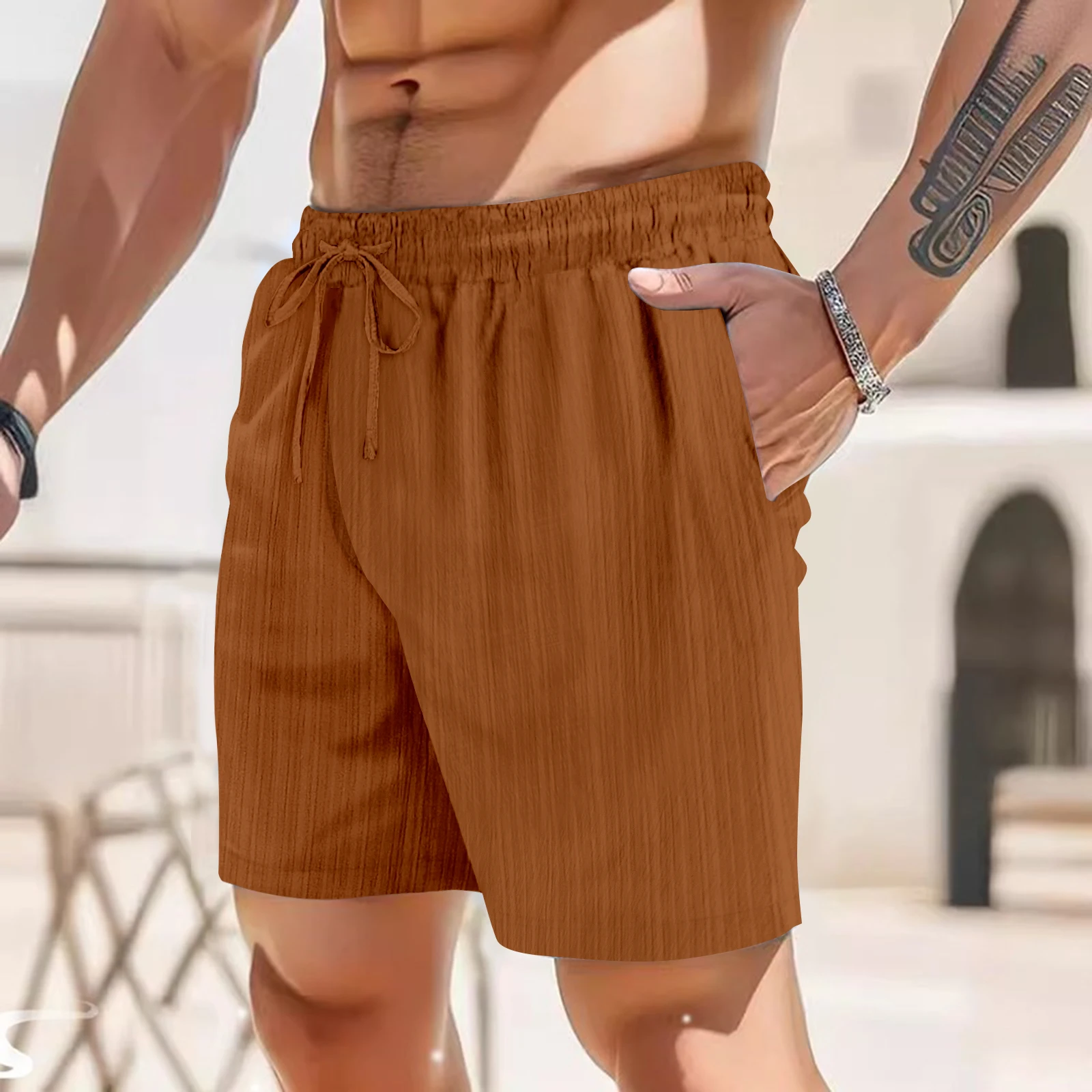 Shorts casuais listrados de bolso múltiplo masculino, calça de praia havaiana, algodão e linho, novo, verão 2022