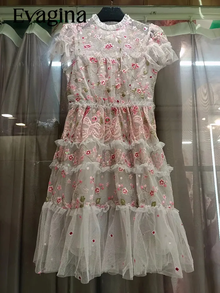 

Evagina New Fashion Runway Designer Dress Women's Summer Standing Neck Short Sleeve Nail Bead Tulle Embroidered Pink Dress