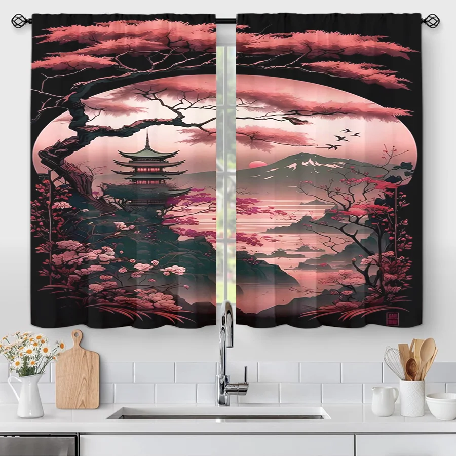 2PCS Pink Cherry Blossom Fuji Print Curtains, Japanese Pagoda Mountain Lake Scene Window Drapes for Bedroom Living Room Decor
