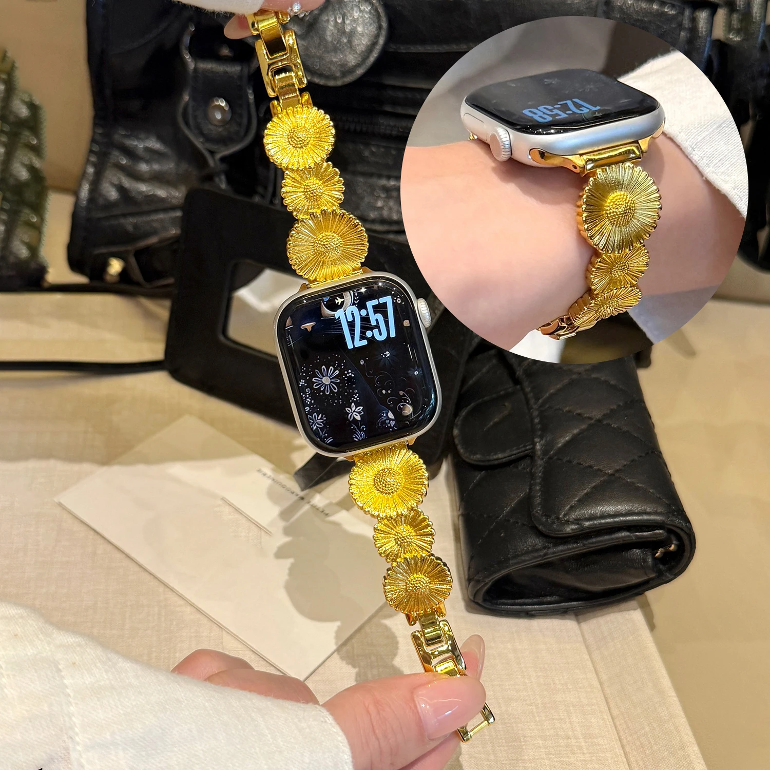 

Позолоченный металлический ремешок с цветочным узором для моделей Apple S11/S10/S9/SE/Ultra 49 46 42 мм, эксклюзивный премиум-ремешок для iWatch серии 45