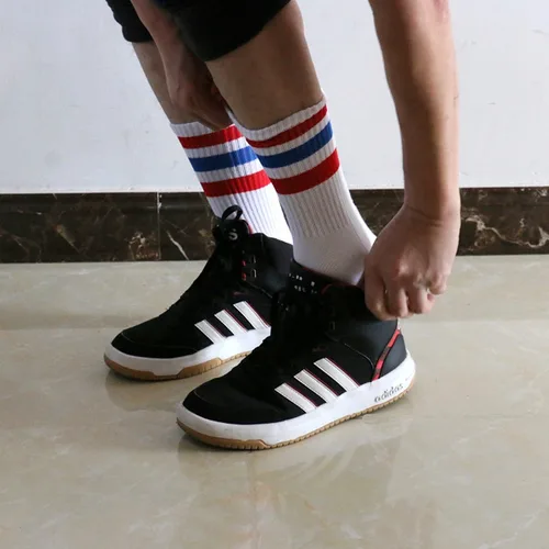 Imagen 2 del producto Calcetines deportivos a rayas con cintura media alta de algodón 80 engrosados con parte inferior de toalla, calcetines de baloncesto para monopatín callejero para hombre