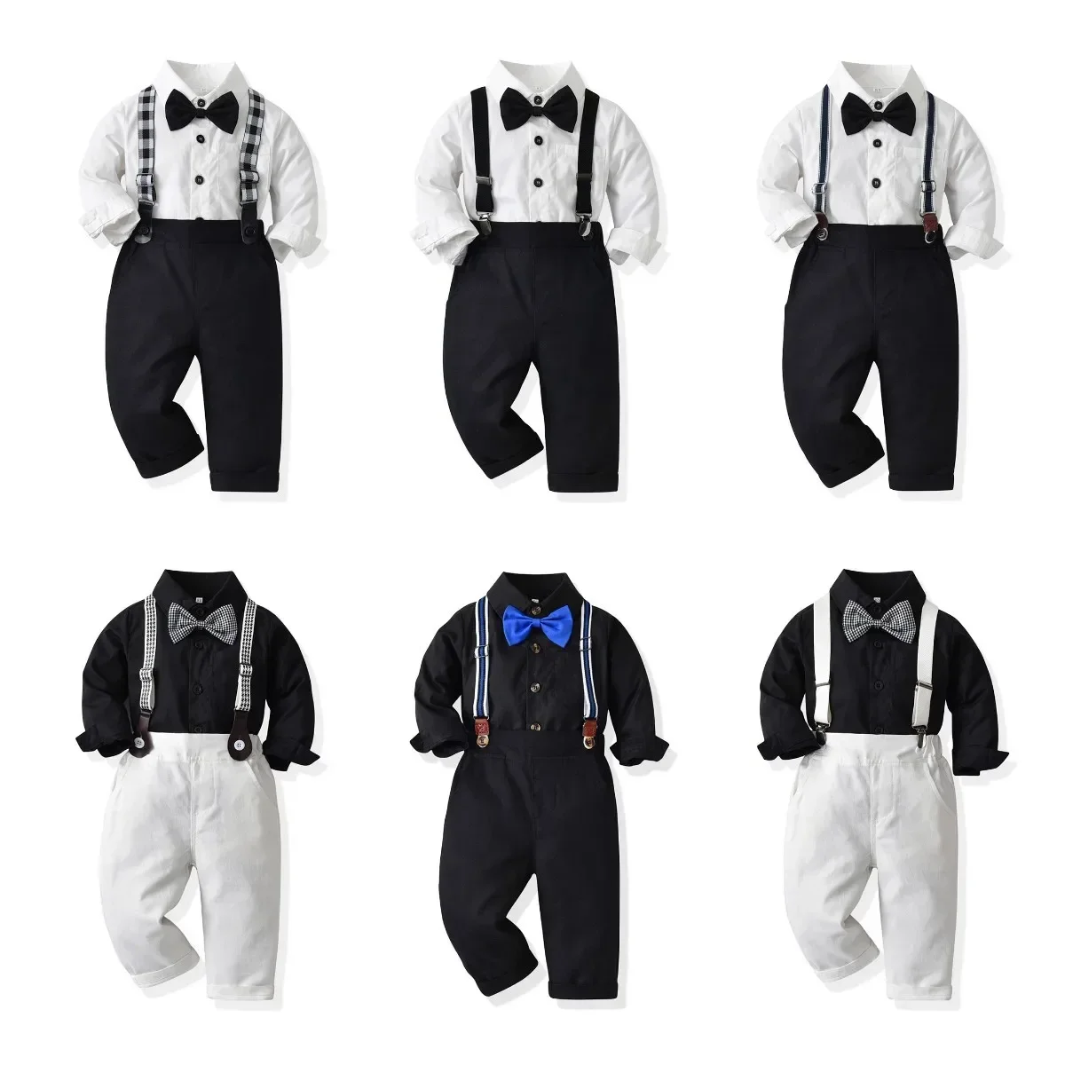 70-130cm Boy\'s Shirt-pant Set Black And White 2024 Autumn New Cotton Long-sleeved Shirt,Strap Pants Boy\'s Autumn Clothing