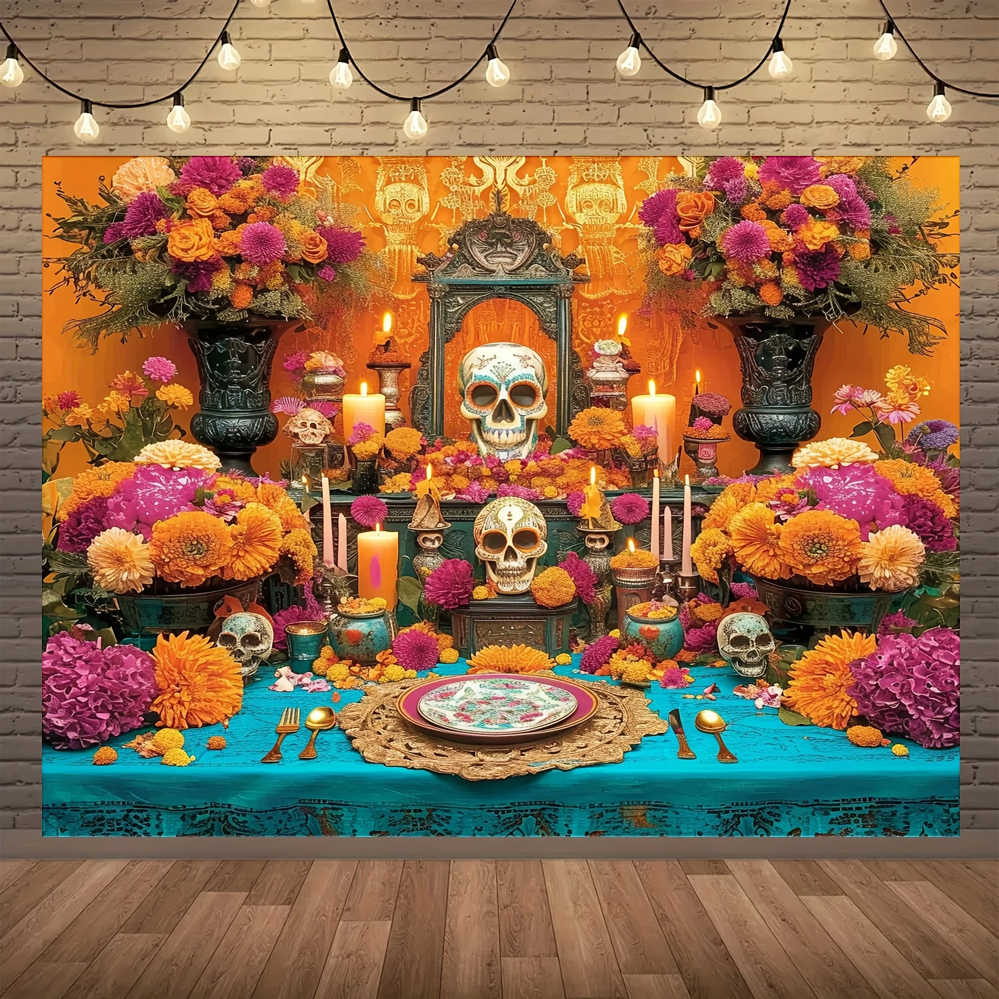 Vibrant Day of the Dead Altar Backdrop-Polyester, Multipurpose, Reusable, and Durable -Perfect for Mexican Fiesta, Cinco De Mayo