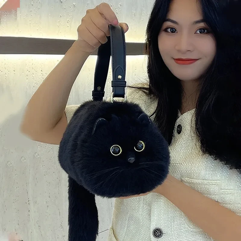 JIAERDI-Sac à main en peluche Lolita pour femme, chat mignon, Harajuku, animal circulaire, fourrure douce, Kawaii, doux, cool, noir, sacs à bandoulière