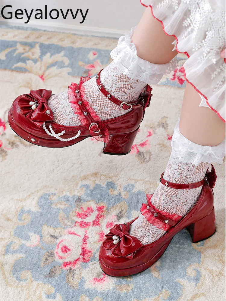 

Cute Sweet Girl College Style Lace Bow Beaded High Heels Pumps Chunky Heel Lolita Mary Jane Versatile Women's Party Shoes