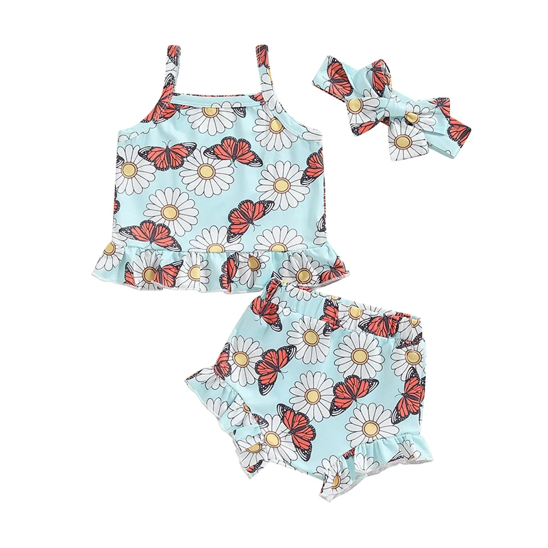 

Baby Girl Summer Outfits Floral Butterfly Print Square Neck Cami Tops with Ruffled Shorts and Bow Headband