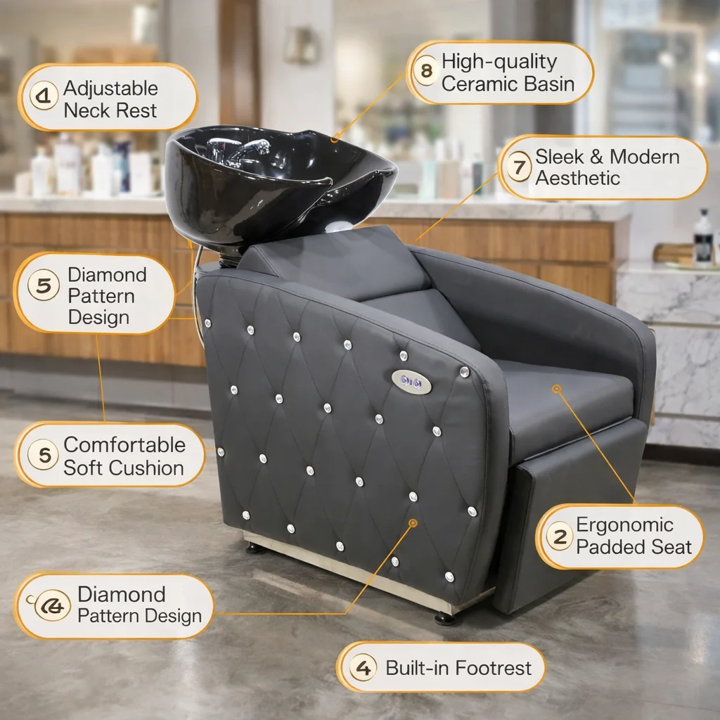 Luxury Salon Shampoo Chair Professional Hair Washing Chair With Ceramic Basin Diamond Design for Beauty Salon