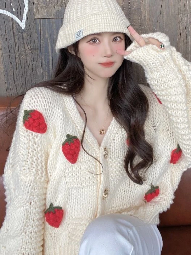 QWEEK Strawberry Embroidery Kawaii Cute Cardigan 2024 Autumn Winter Fashion Casual Loose Oversize Sweater Tops Korean Kpop