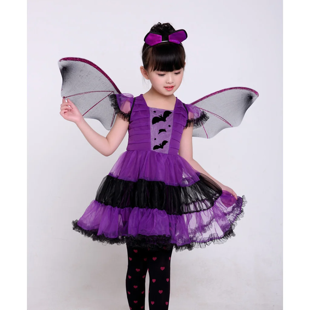 Kinder Mädchen Halloween Fledermaus Hexen Kostüm Komplettset mit Flügeln, Halskette, Socken, Netzstrümpfen und Handschuhen für Themenpartys – Detail 5