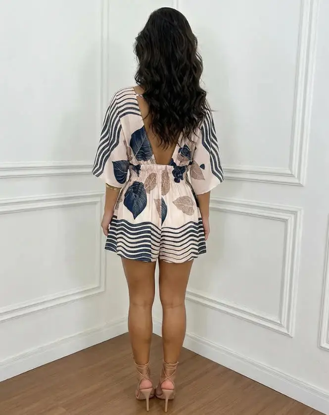 Jumpsuit Women New Tropical Leaves Print V-Neck Batwing Sleeve High Waist Casual Striped Backless Shirred Waist Vacation Romper