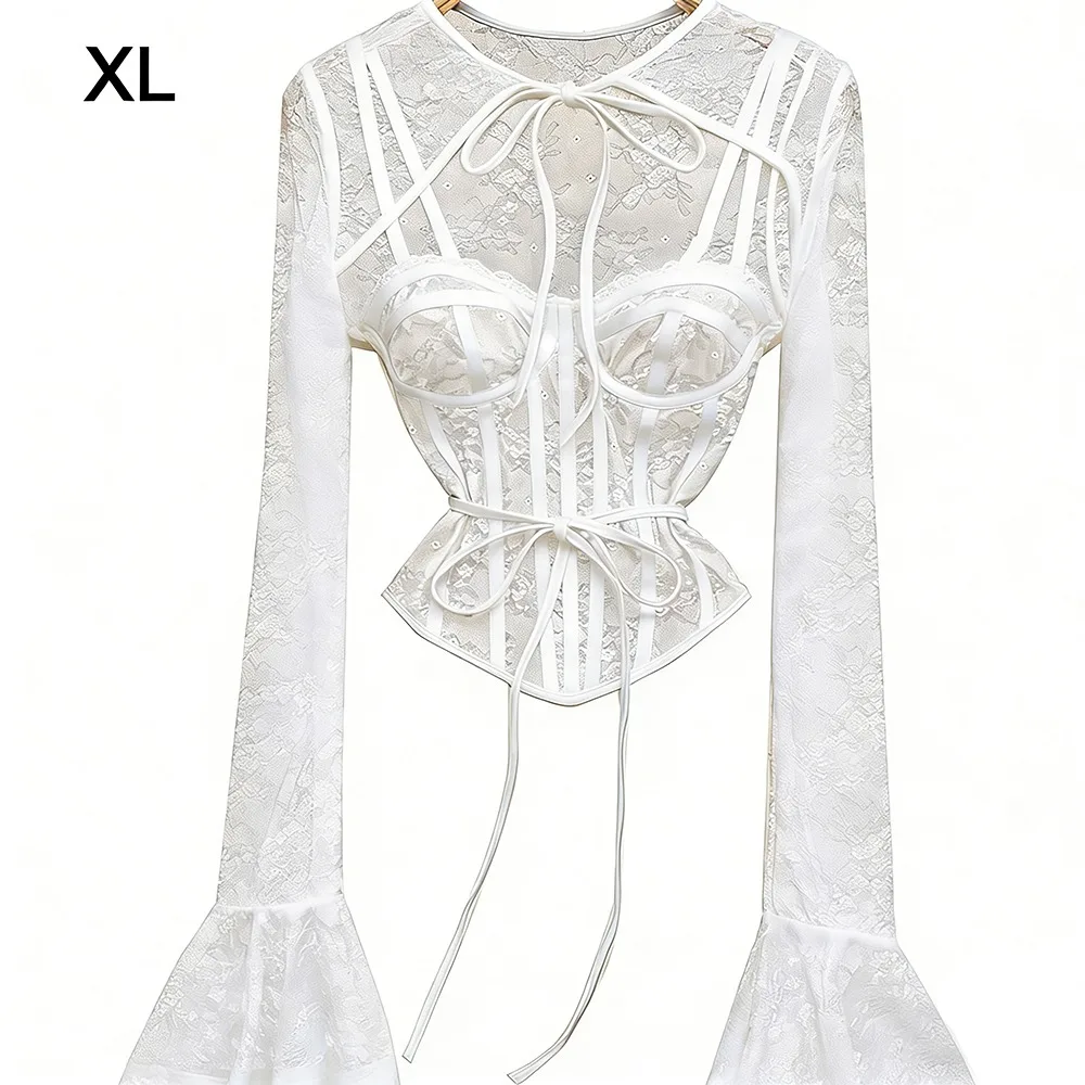 

Sweet And Spicy Floral Print Lace Tops Hollow Out Fishbone Design See Through Tops Two Piece Sets Slim Fit Body Shirt Party Wear