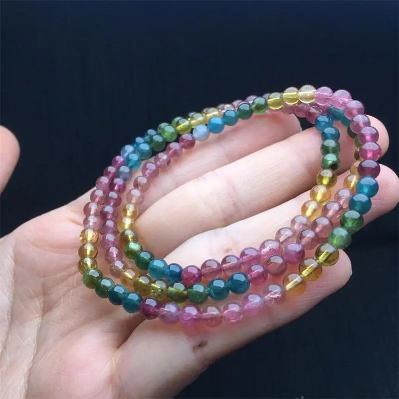 4.6MM Natural Tourmaline Triple Circle Bracelet Fashion Reiki Gemstone Round Beads Jewelry Couple Gift 1PCS