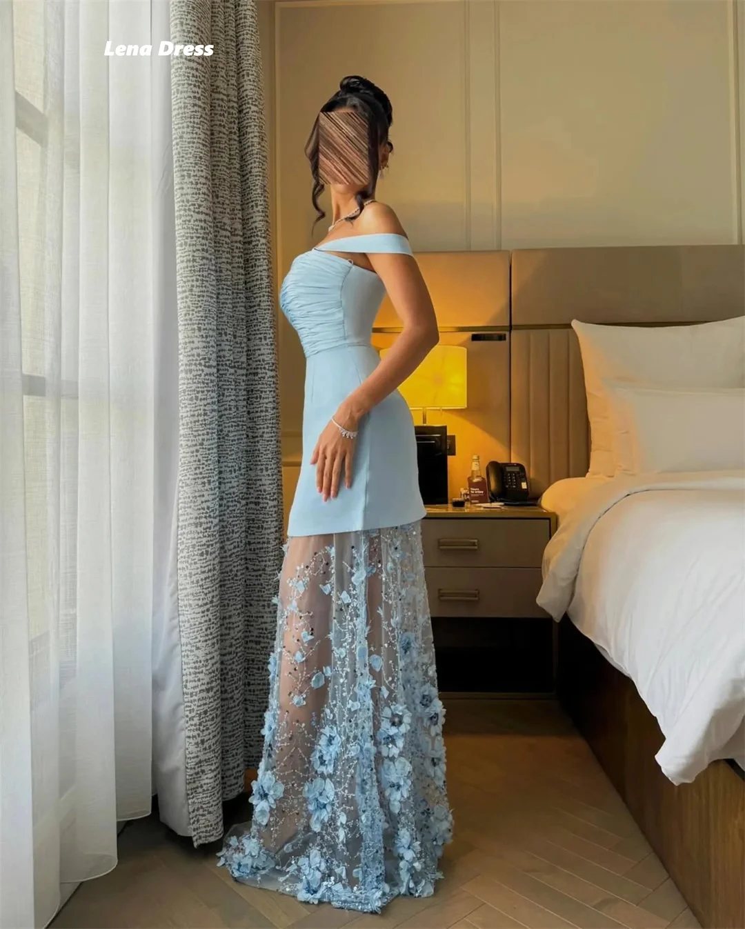Lena-vestido largo elegante, vestidos para ocasiones personalizados a medida para ocasiones especiales, hombros descubiertos, línea de flores, bata de velada