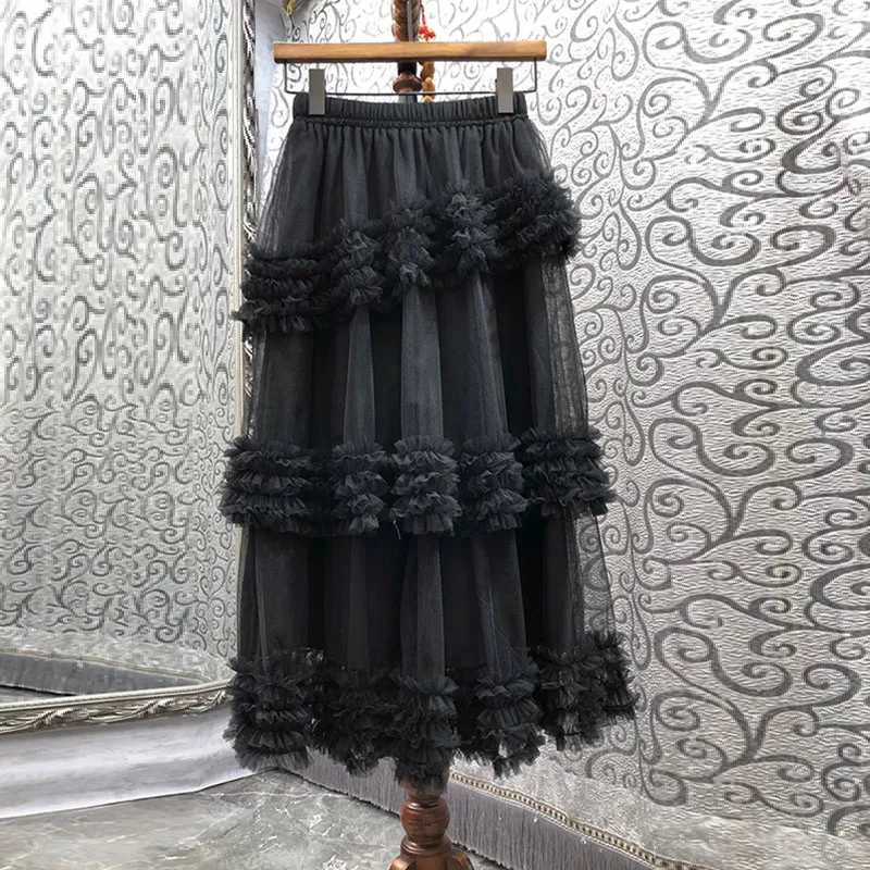 Women's Cascading Ruffles Mesh Ball Gown, Elastic Waist, Casual Party Long Skirt, Solid Color, New Fashion, Summer, 2023