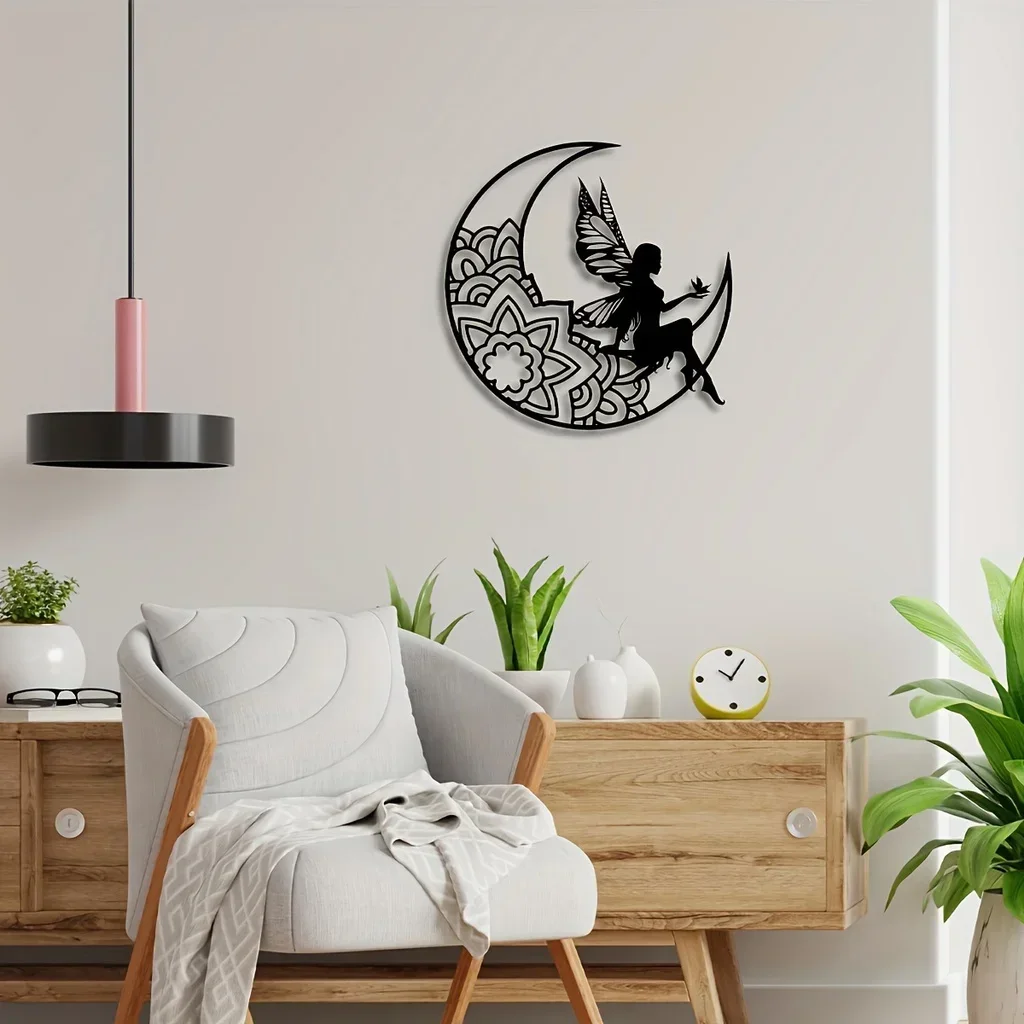 

CIFBUY Deco 1pc Moon Fairy Metal Wall Hanging Signs Plaque Fairy Metal Art 3D Hollow Metal Silhouette Room Outdoor Home Decor F