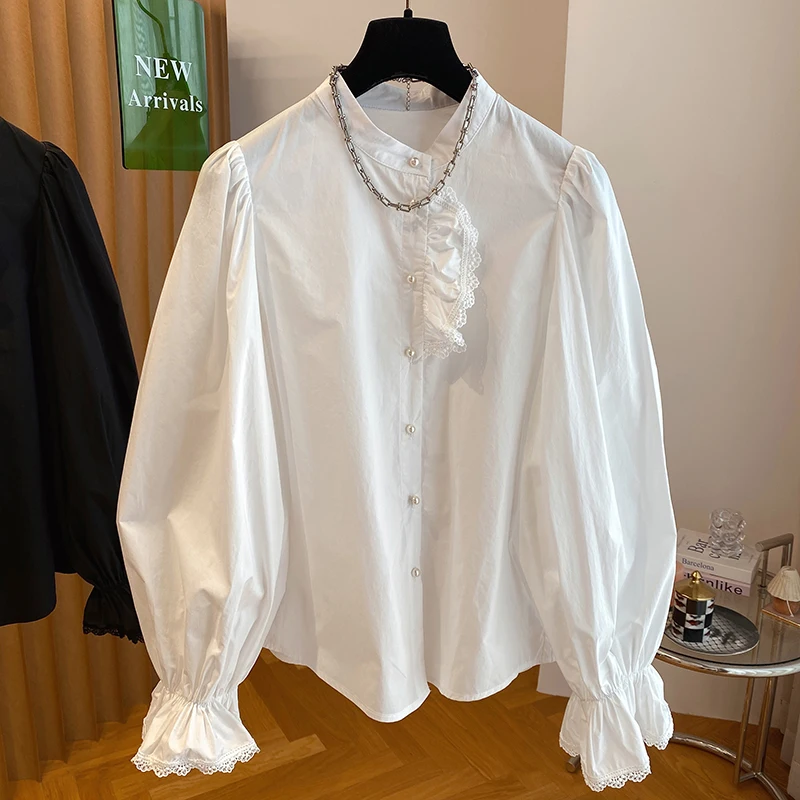 2024 New French Style Pearl Buckle Shirt Fashion O-Neck Blouse Design Sense Niche Long Sleeve Tops