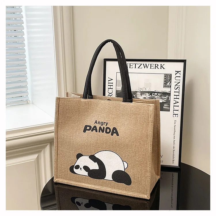 

New Portable Linen Large Capacity Tote Bag Cute Panda Retro Linen Shopping Bag Storage Bag