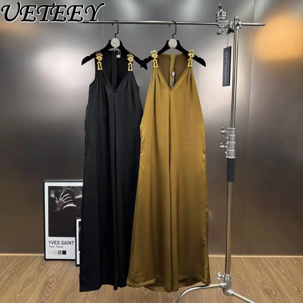 

Осенний комбинезон без рукавов с металлической пряжкой в стиле ретро во французском стиле в стиле пэчворк, элегантные однотонные широкие брюки