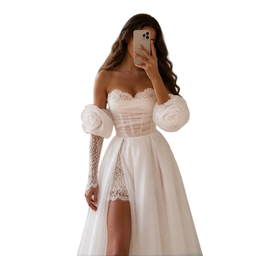High Slit Beach Wedding Dress Detachable 3D Rose Puff Bubble Long Lace Sleeves Ruched Corset Ivory White Bridal Gown Customized