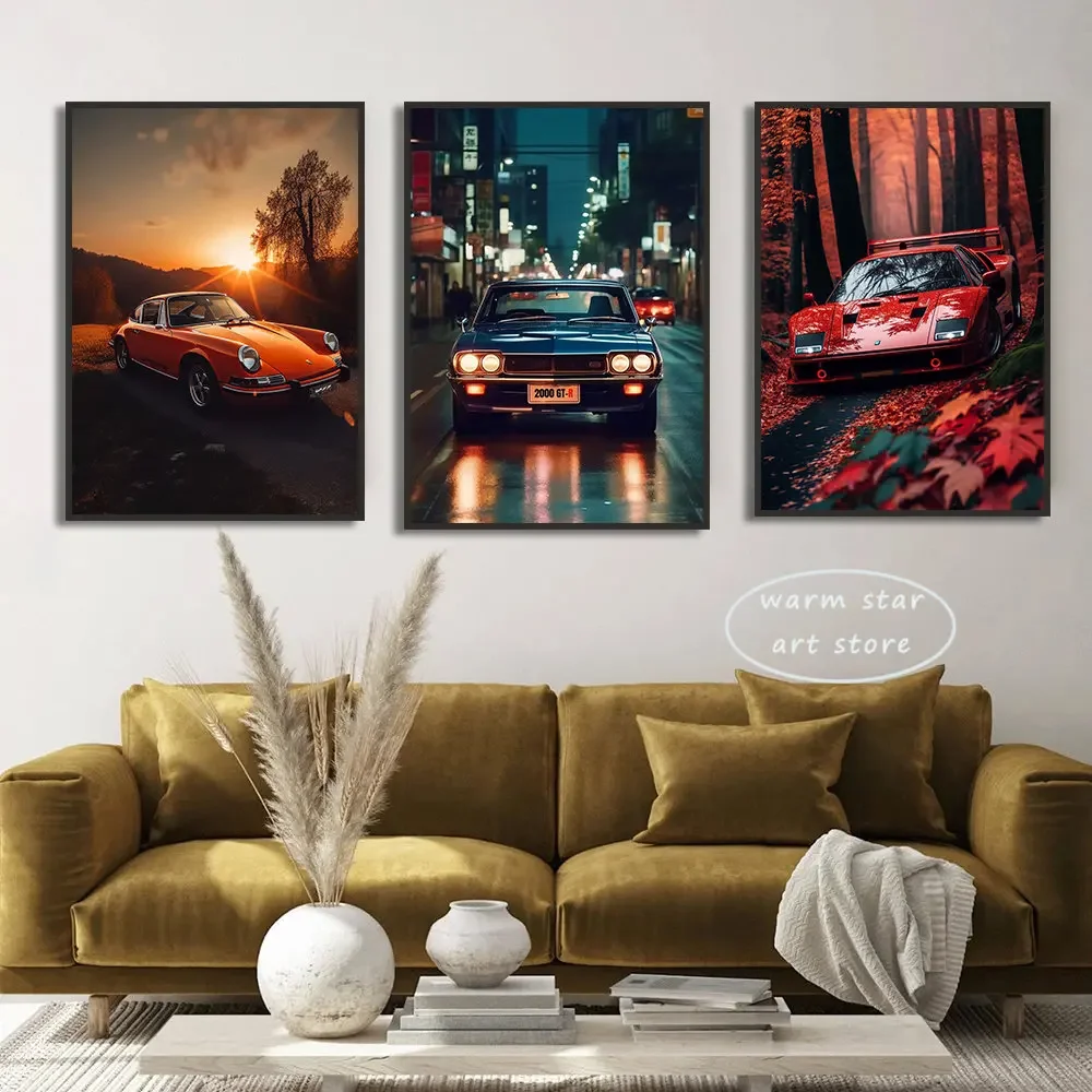 80s Retro Jdm Nissan black Car Poster Aesthetic GTR Road Luxury Cars Neon City Canvas Painting Wall Art Mural Home Room Decor