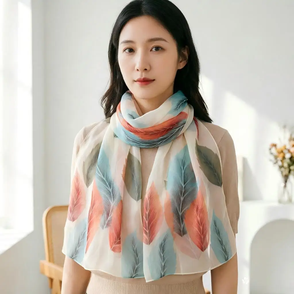 

Autumn Leaves Print Scarf 160x50cm - Lightweight Chiffon Shawl Wrap for Women, Soft Watercolor Leaf Pattern, Spring Summer Sun