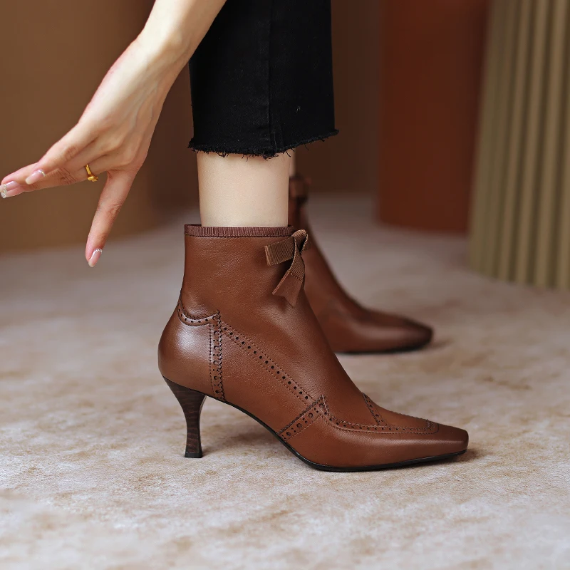 2026 new autumn winter women ankle boots natural leather 22-24.5cm cowhide+pigskin/plush square toe side zip women short boots