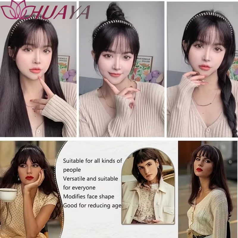 Clip In Bangs Hair Extensions Headband Style Synthetic Air Bangs Fake Fringe Hairpieces Invisible Clip Bangs for Women Daily Mak