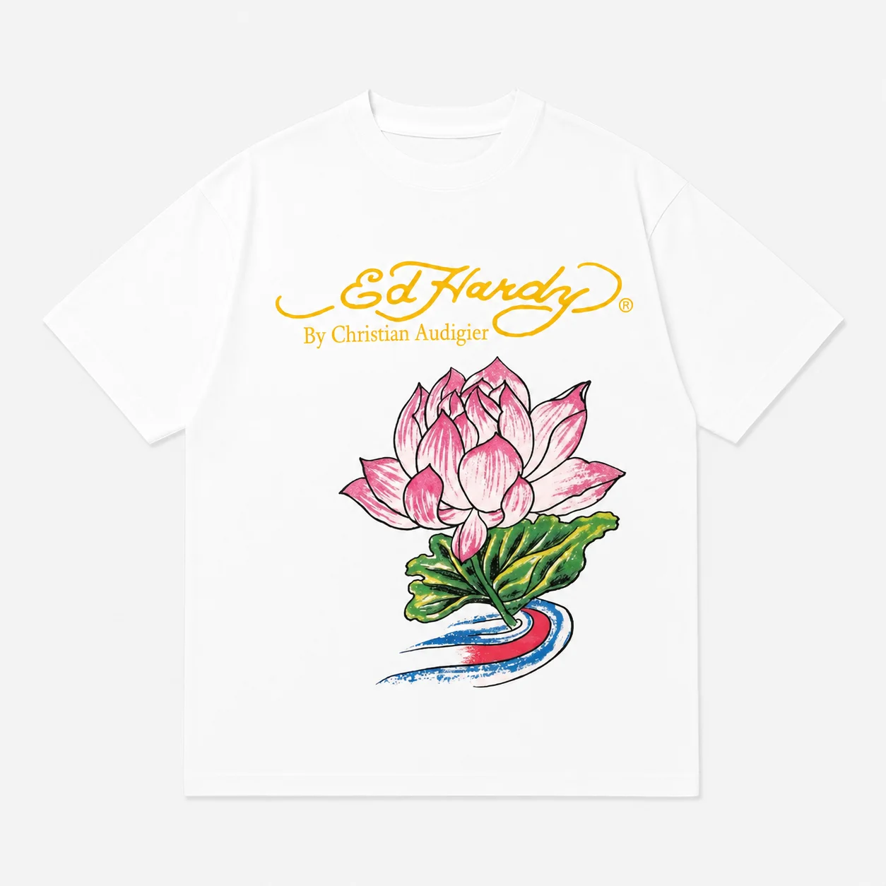 Ed Hardy Pink Lotus Flower Green Leaf Water Ripple Print T Shirt Unisex Loose Oversized Harajuku Streetwear Cotton Summer