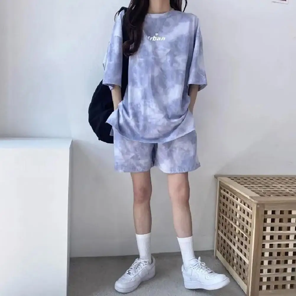 Casual Two-piece Suit Tie-dye Women's T-shirt Shorts Set with Loose Fit Elastic Waist Casual Sport Daily Wear Outfit for Plus