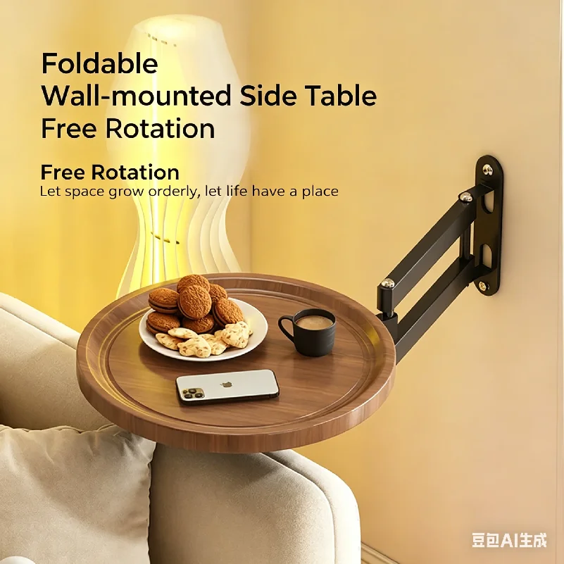 Folding Wall Table For Bed Retractable Wall-Mounted Desk Small Round Desk Wall Mounted tray Rotatable Bedside Storage Holder