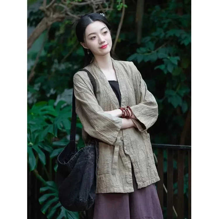 Chinese Style Cotton Linen Women's Retro Side Button Loose Zen Style Top Improved Hanfu Outerwear Fashionable All-Match