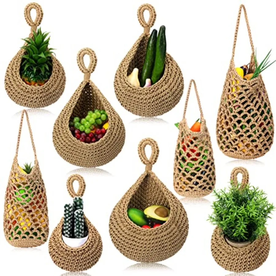

9 Pcs Jute Fruit Hanging Baskets for Kitchen, Boho Woven Wall Baskets, Produce Storage for Garlic Onion Potato Banana, Space Sa