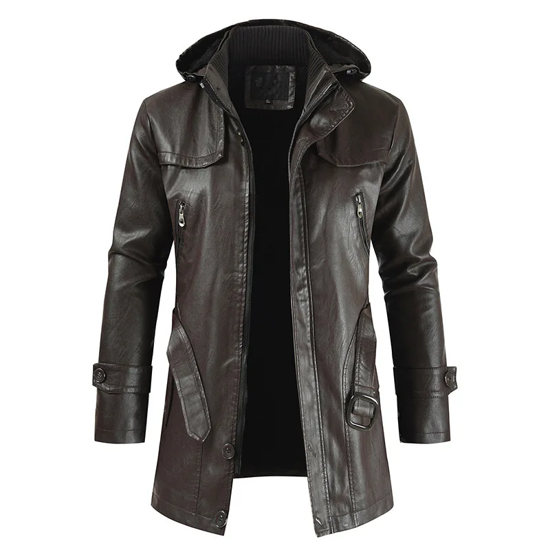 Men Solid Color Casual Fashion Mid-Length PU Leather Coat 2023 New Men Slim Hooded Leather Jacket Large Size All-match Outwear