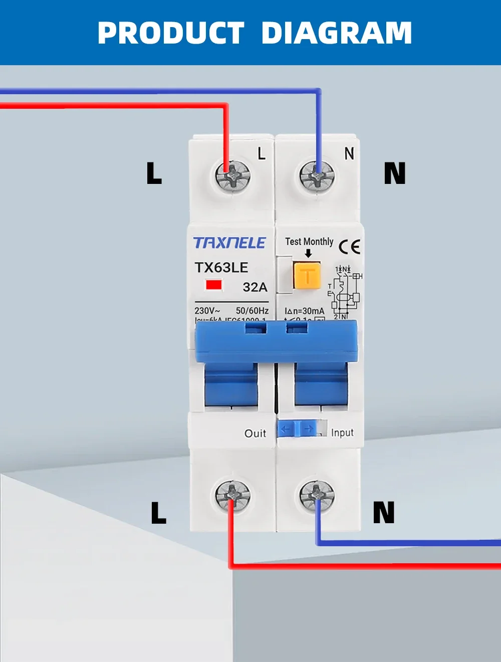 230V Residual Current Circuit Breaker MCB 30mA Overload Short Current Leakage Protection Protect 10A 16A 20A 25A 32A 40A 63A 80A