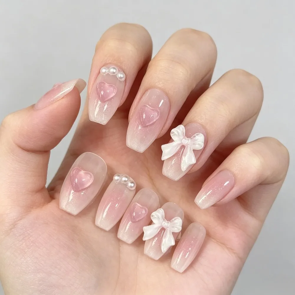 Cute Pink Sweet Princess Removable Handmade Wear Nail Art Y2K Vitality Girl Short Fake Nails Blush Bow Nail Patch view 3