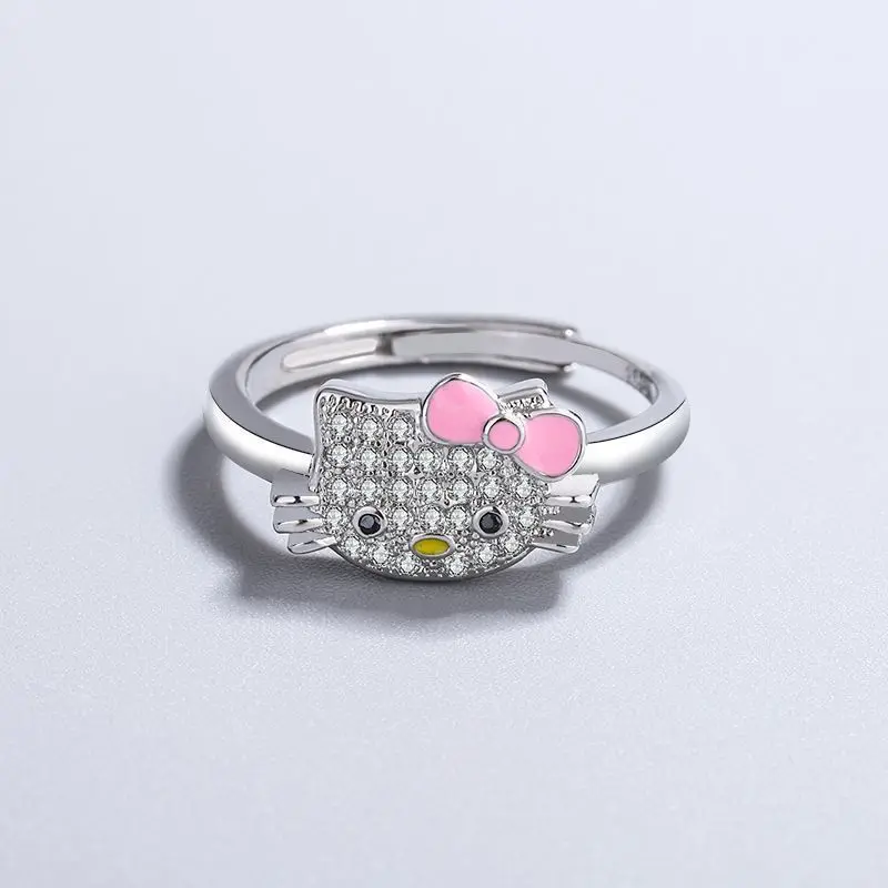 Sanrio Hello Kitty Diamond Open Ring Girlfriend Cute Stainless Steel Rings Kitty Rings for Girls Ladies Party Wedding Gifts