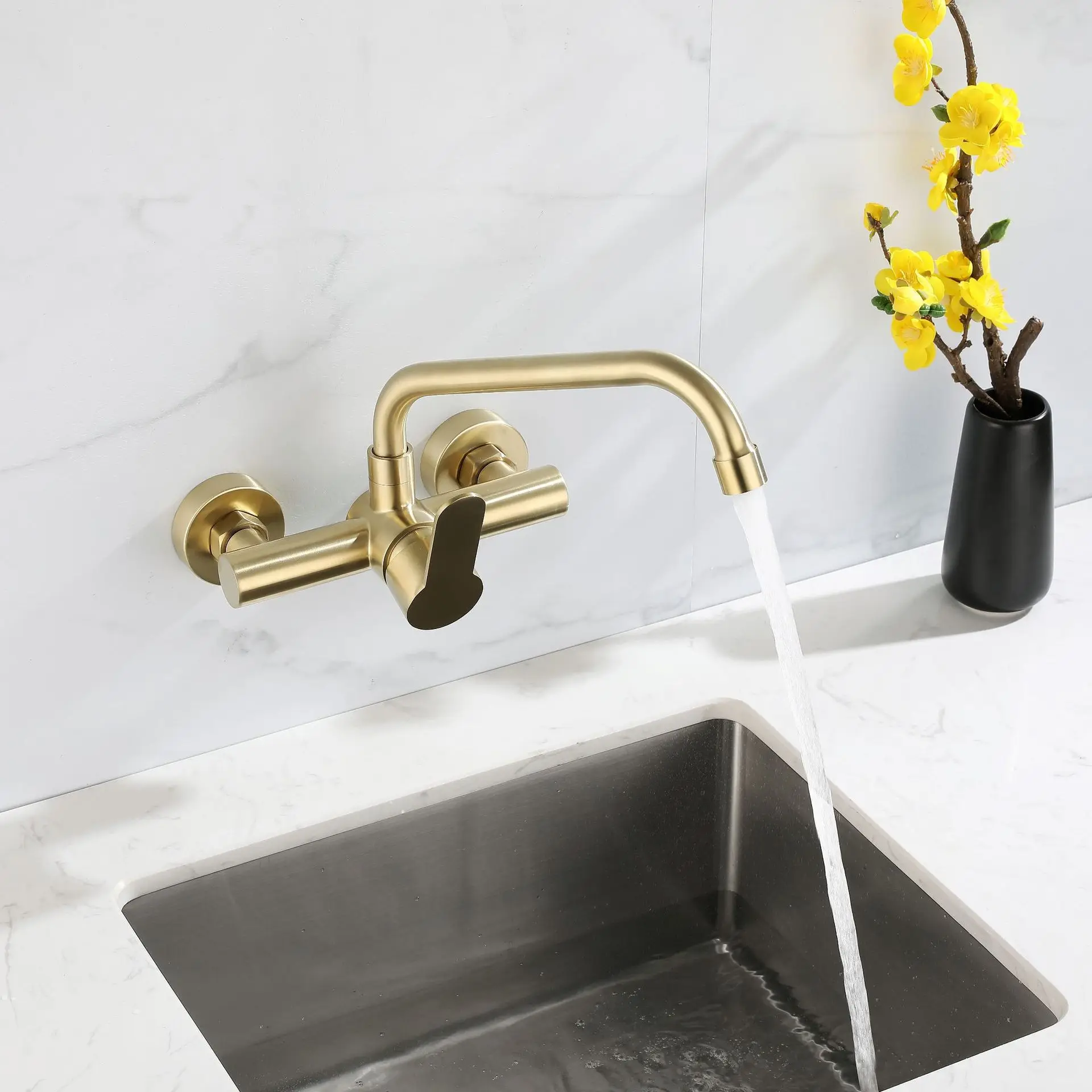 

Brushed Gold Wall Mounted Kitchen Faucet Wall Kitchen Mixers Sink Tap 360 Degree Swivel Flexible Hot and Cold Mixing Faucets