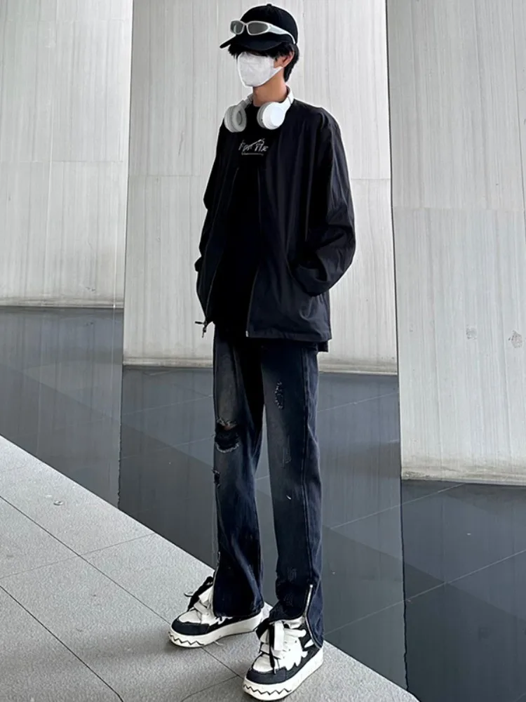 

Рваные свободные джинсы прямого кроя в стиле хип-хоп для мужчин, американские ретро-брюки в уличном стиле, длинные, износостойкие, слегка расклешенные, для весны и осени