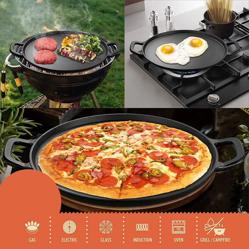 Cast Iron Pizza Pan Steel Pizza Cooker with Handles Deep Stone for Oven or Griddle for Gas,33x33cm-AT35