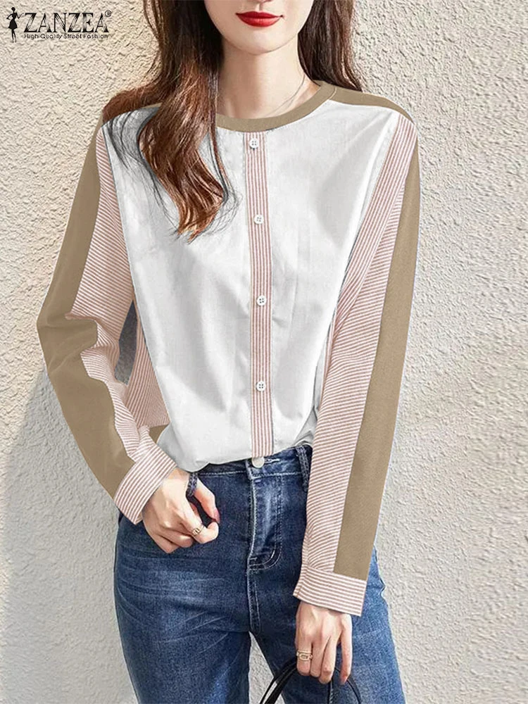 ZANZEA بلوزات نسائية ملابس الشارع موضة كورية رقبة دائرية بلوحات مخططة قمصان طويلة الأكمام كتلة ألوان مرقعة بلوزات خريف 2024